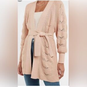EXPRESS Pointelle tan woman crotchet knit belted cotton bohemian cardigan M